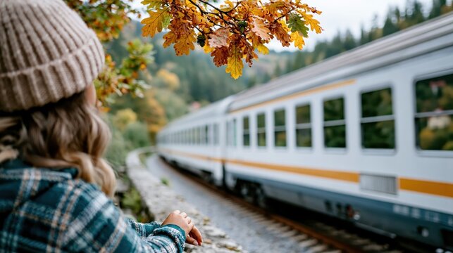 A woman watches a train passing by amidst beautiful autumn leaves, capturing a serene moment that symbolizes transition and the beauty of nature during fall.