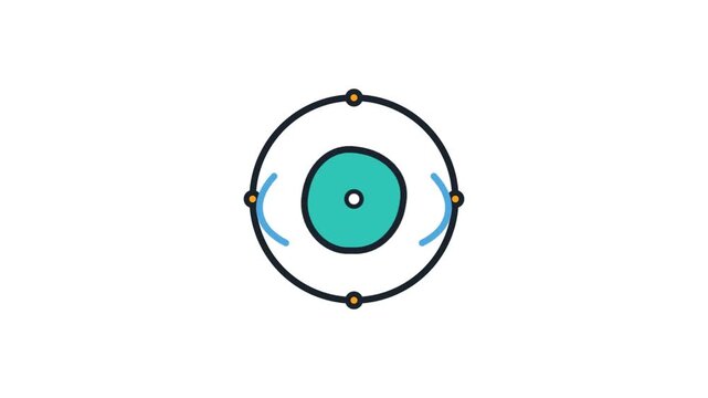 Animated science symbol featuring a glowing atom model rotating against white background