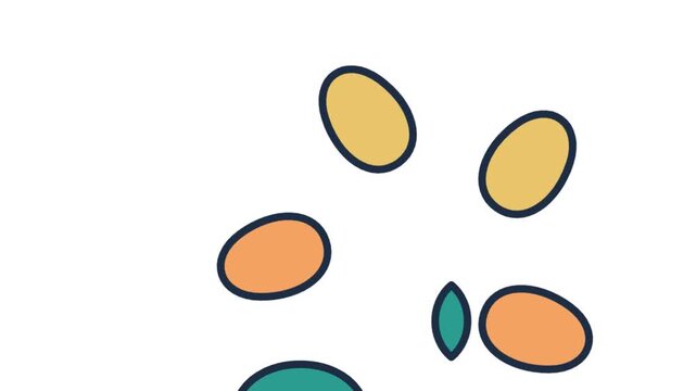 Animated paw print separating into colorful floating oval shapes on white
