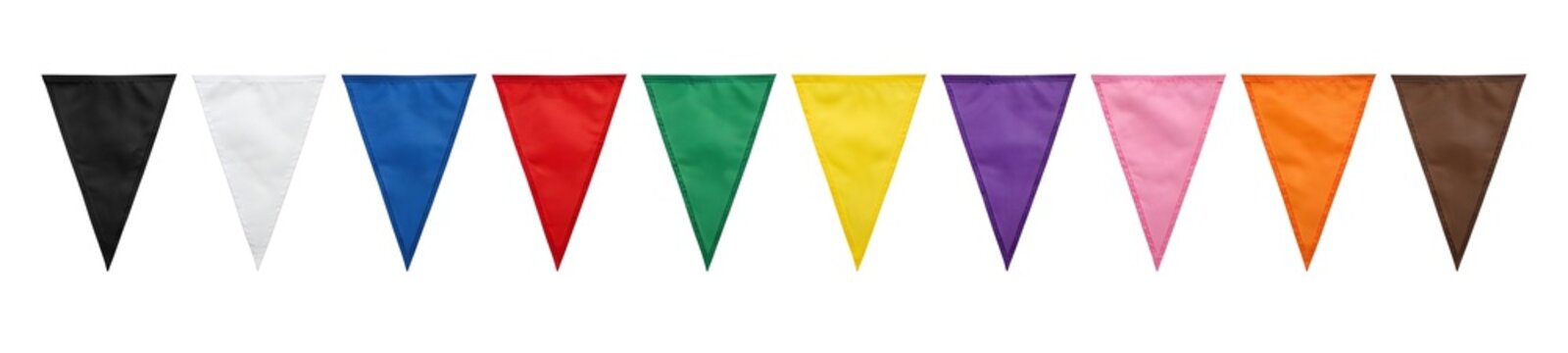 A row of colorful triangular pennants or bunting flags in various solid colors isolated on a white background for celebration design.