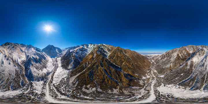 360 Panorama of Snowy Mountains in Kyrgyzstan Under Bright Sun
