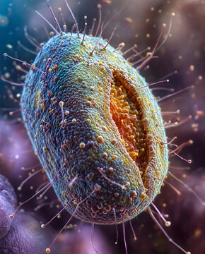 A colorful microscopic oval organism with granular surface, hair-like protrusions, and a bright orange interior revealed by a central slit
