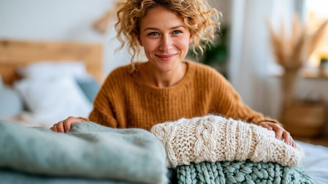 A cheerful woman is engaged in sorting out colorful, soft knitwear in her bright room, evoking a sense of happiness and comfort associated with home activities.