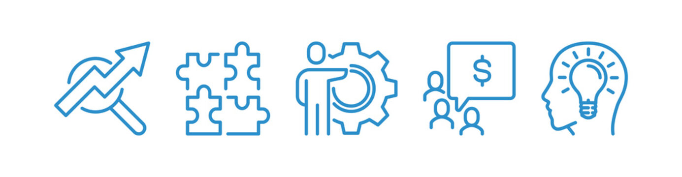 Business strategy and growth icon set. Solution finding, idea generation, corporate management and financial consulting symbols for teamwork concept illustration.