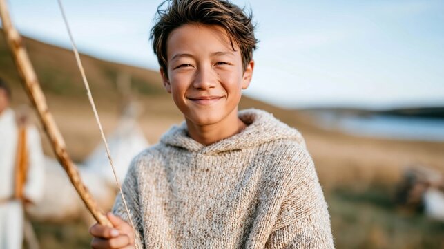 A young boy joyfully smiles as he stands outdoors holding a stick, embodying the innocence and excitement of childhood adventures in nature's embrace.