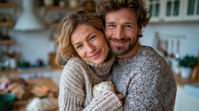 A joyful couple is hugging in their bright kitchen, showcasing love and connection while surrounded by cozy decor and their daily life filled with warmth.