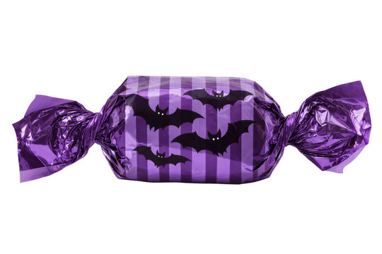 Halloween sweet candy isolated PNG, purple foil wrapped treat on transparent background, trick or treat snack