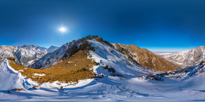 360 Panorama of Snowy Mountains in Kyrgyzstan Under Bright Sun