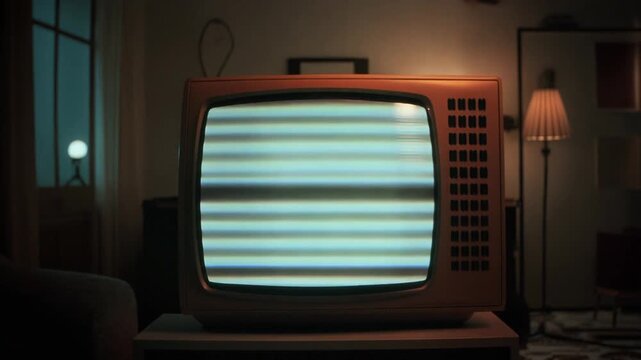 A vintage television displaying static lines in a warmly lit indoor room, evoking retro nostalgia.