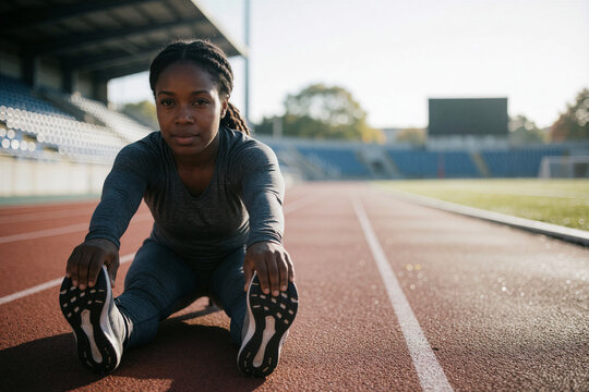 Athlete with dwarfism stretching on a running track