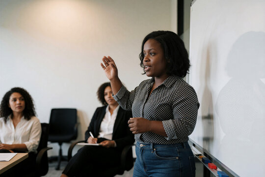 Woman with dwarfism presenting at a whiteboard in a meeting