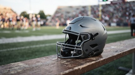 Fototapeta premium Protective grey American football helmet resting on a wooden sideline bench at a stadium during an outdoor sports event