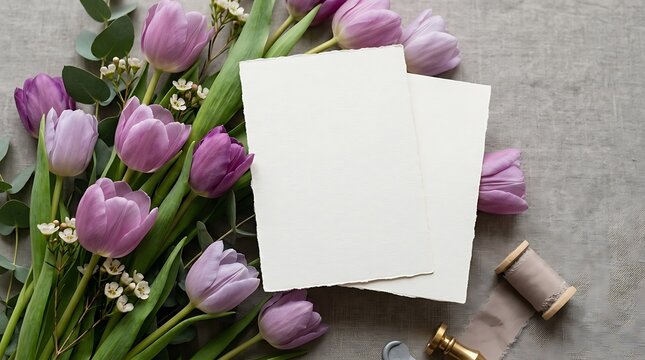 Blank two wedding invitation cards mockup with lilac tulips flowers on grey background