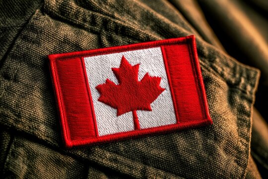 Canada flag patch on camouflage uniform in macro focus with warm lighting for military and patriotic advertising