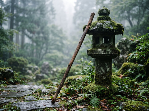 Traditional stone lantern with walking stick mossy forest