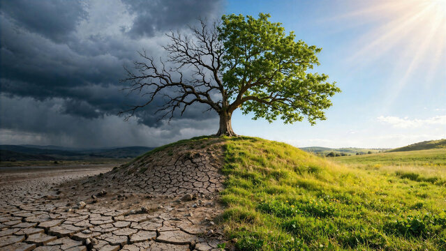 Single tree dividing stormy drought and green landscape