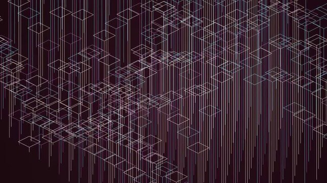 Glowing wireframe squares connected by vertical lines forming a complex geometric pattern in deep purple space