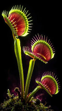 Venus flytrap plants open against black background