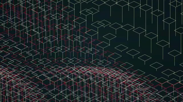 Glowing wireframe grid pattern with geometric squares moving in a rhythmic wave across dark space
