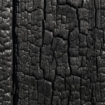 Close up view of a charred wooden plank surface with deep cracks with burnt black texture surface with surface featuring, background, monochrome