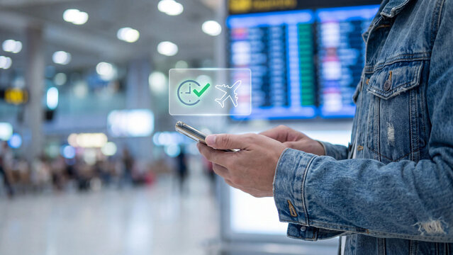 Online Flight Booking and Airport Travel Schedule Concept. Man using smartphone with flight information board, airplane icon and on time clock for air travel and flight check in