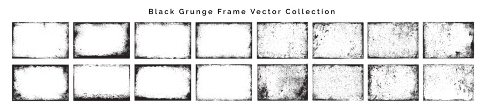 Black Grunge Frame Vector Collection, Rectangular Distressed Border and Vintage Overlay Set