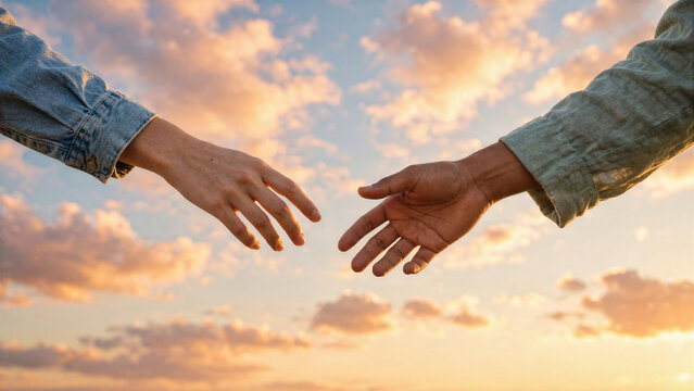 Two hands reaching toward each other against sunset sky