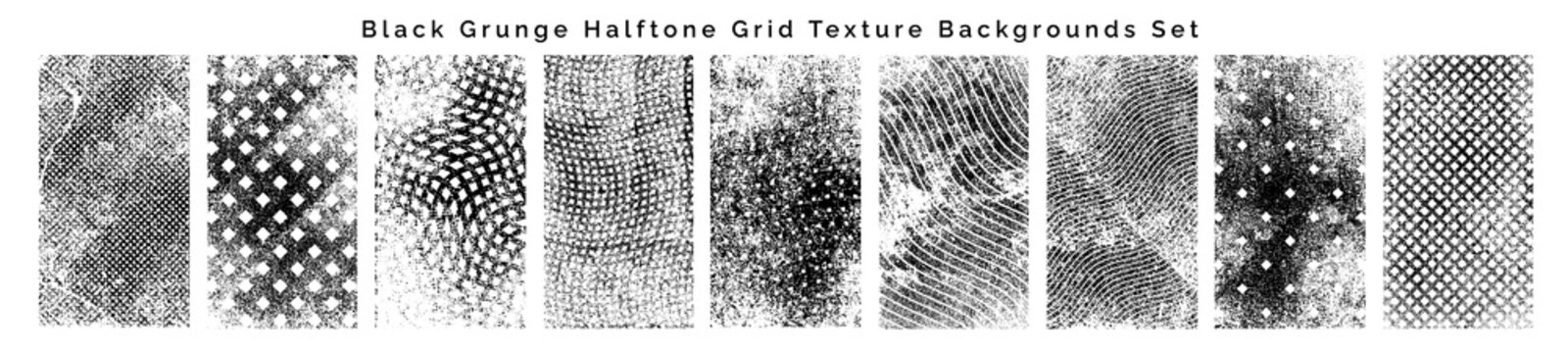 Black Grunge Halftone Grid Texture Backgrounds Set, Distressed Vertical Vector Mesh Banner Overlays