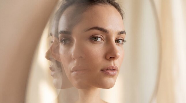 Artistic double exposure portrait of woman face with face soft lighting captures artistic inner self brown hair