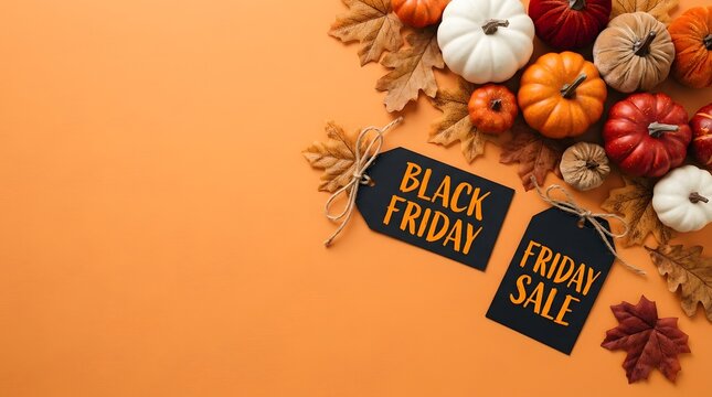 Black friday sale tags with pumpkins and autumn leaves on orange background