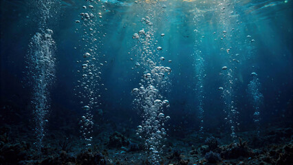Naklejka premium Air bubbles rising through deep blue water