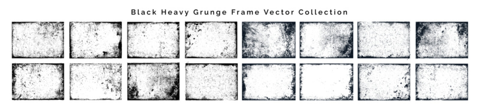 Black Heavy Grunge Frame Vector Collection, Rectangular Distressed Border and Vignette Overlay Set