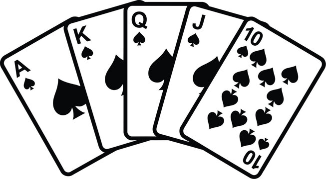 Playing cards fan hand poker royal flush black white vector line art