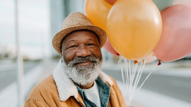 An elderly man joyfully holds vibrant balloons, embodying the essence of celebration and happiness, illustrating the spirit of enjoyment and cherished moments in life.