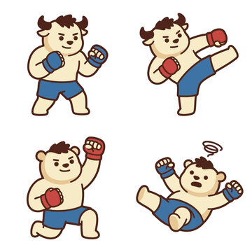 Cartoon muscular cow character performing various boxing and fighting poses