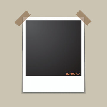 Blank vector instant photo frame taped to a wall with masking tape. Nostalgic textured paper template featuring a stamped date stamp. Ideal for photo collage, vintage background, or design mockups.