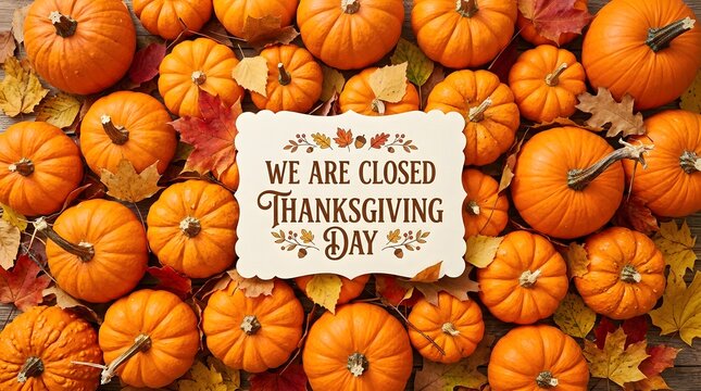 We are closed thanksgiving day sign with pumpkins and autumn leaves background