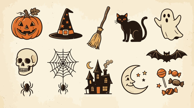 Collection of whimsical animal and object illustrations in flat design style.