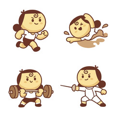 Fototapeta premium Cartoon girl exercising with running swimming weightlifting and fencing