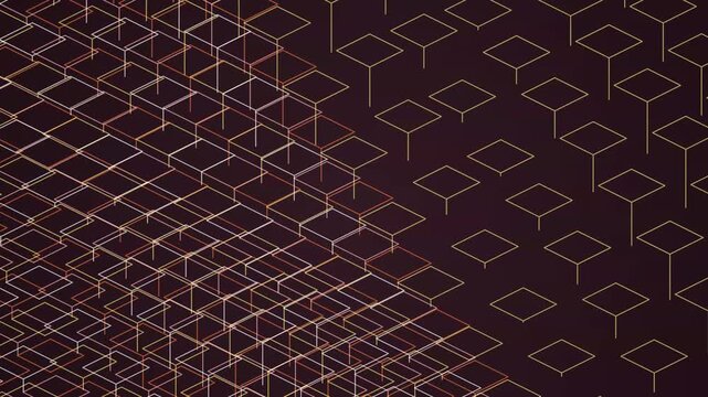 Golden isometric wireframe grid patterns flowing across a dark purple surface representing modern connectivity and data
