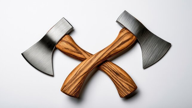 Crossed axes resting in an x-shape on white studio background with sharp focus and textured detail for hardware retail and carpentry branding