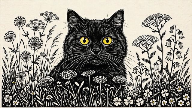 Black cat botanical line art with yellow eyes