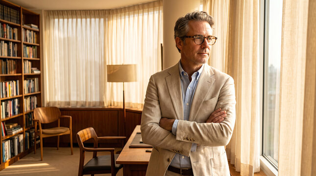 Thoughtful mature businessman standing with arms crossed in a classic home office
