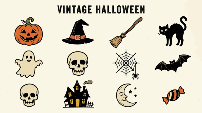 Vintage Halloween themed illustration set with classic symbols.