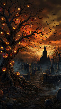 Creepy Halloween scene with carved pumpkins on a tree, bats flying, and a spooky graveyard under an orange sky, symbolizing the season's fear and festivity