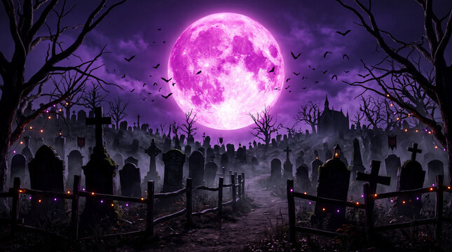 Spooky graveyard under a large pink moon, with bats and string lights, representing Halloween and eerie atmosphere