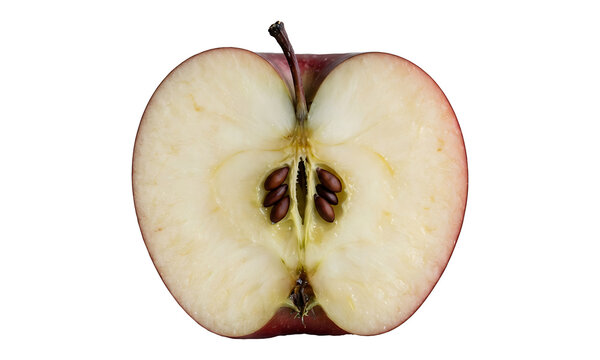 Fresh apple cut in half showing seeds and inner texture on black background