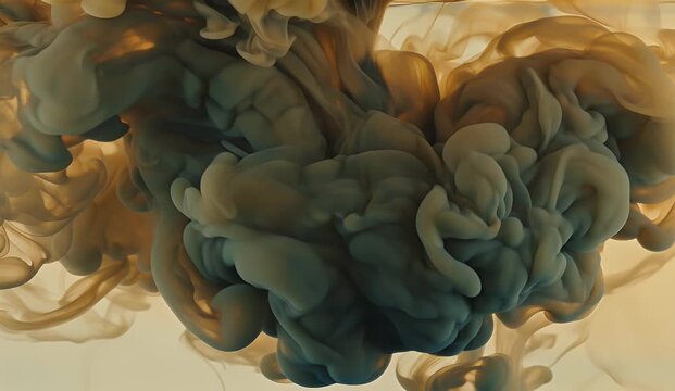 Abstract blue and brown ink clouds swirling in water