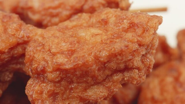 Chicken satay marinade skewer macro close up presentation slowly rotating stock footage