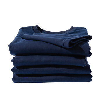 Stack of folded navy blue t shirts on transparent background
